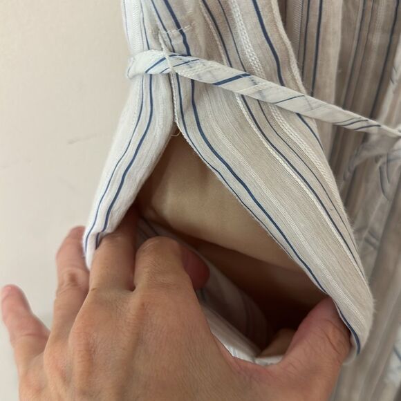 NWT Vince Womens Dress White Blue Drapey Stripe Shirred Short Sleeve Midi $375 - Picture 6 of 11